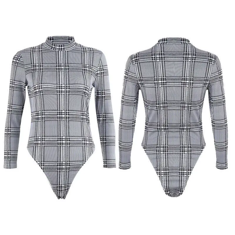 Black Plaid Bodysuit for Women Sexy Bodycon Skinny Body Suit Turtleneck Long Sleeve Playsuit Printed Romper Jumpsuits Shirt | Женская