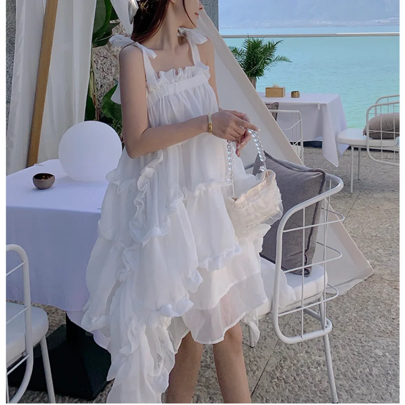 

Women Sexy Irregular Cake White Dress Mesh Lace Pleated Fairy Holiday Dress Woman Spaghetti Strap Party Night Club A-Line Dress
