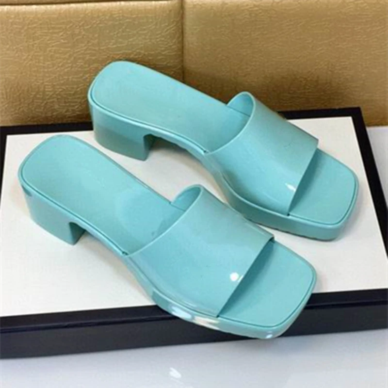 

With Box Summer Fashion Slippers Women's Sandals Jelly Shoes Rubber Embossed Letter Thick Heel Double G Sandal