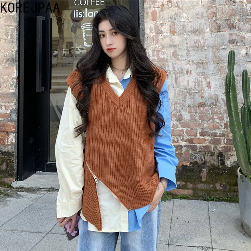 

Korejpaa Chic Zipper Knitted Vest Women Solid Color V-neck Sleeveless Casual Irregular Sweater Vests Knitwear Fashion Autumn New