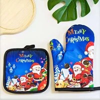 2021 new double layer kitchen utensils christmas printing oven gloves anti scald heat insulation microwave oven gloves set