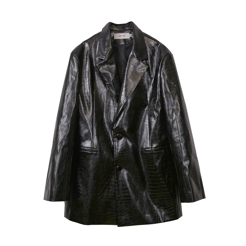 

SHENGPALAE 2021 New Autumn Leather Jacket Women PU Slim Coats Ladies Clothing Crocodile Pattern Leather Suit Loose Coat ZA5817