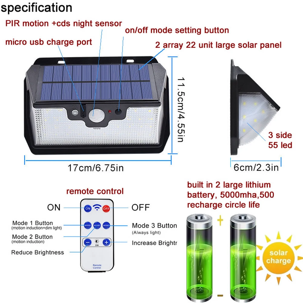55 Led-Solar-Garden-Wall-Lamp Outdoor Energy-Saving Pathway Power-Motion-Sensor Waterproof Ip65 Remote control | Лампы и освещение