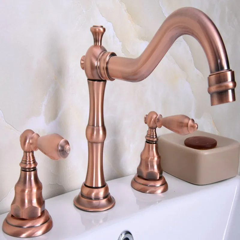 

Antique Red Copper Brass Deck Mounted Dual Handles Widespread Bathroom 3 Holes Basin Faucet Mixer Water Taps mrg058