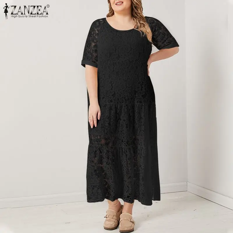 

ZANZEA Plus Size Women Summer Lace Crochet Sundress O Neck 3/4 Sleeve Party Robe Bohemian Vestidos Loose Dress Maxi Long Dress