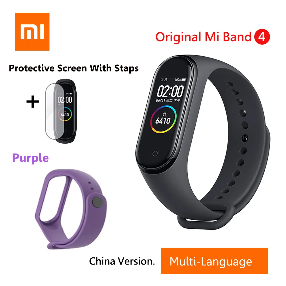 Add Purple Strap Xiaomi Mi браслет 4 умный английский Русский Испанский фитнес-браслет с частотой сердечных сокращений 135 мАч Bluetooth 5,0 50 м водонепроницаемый - Цвет: Add Purple Strap