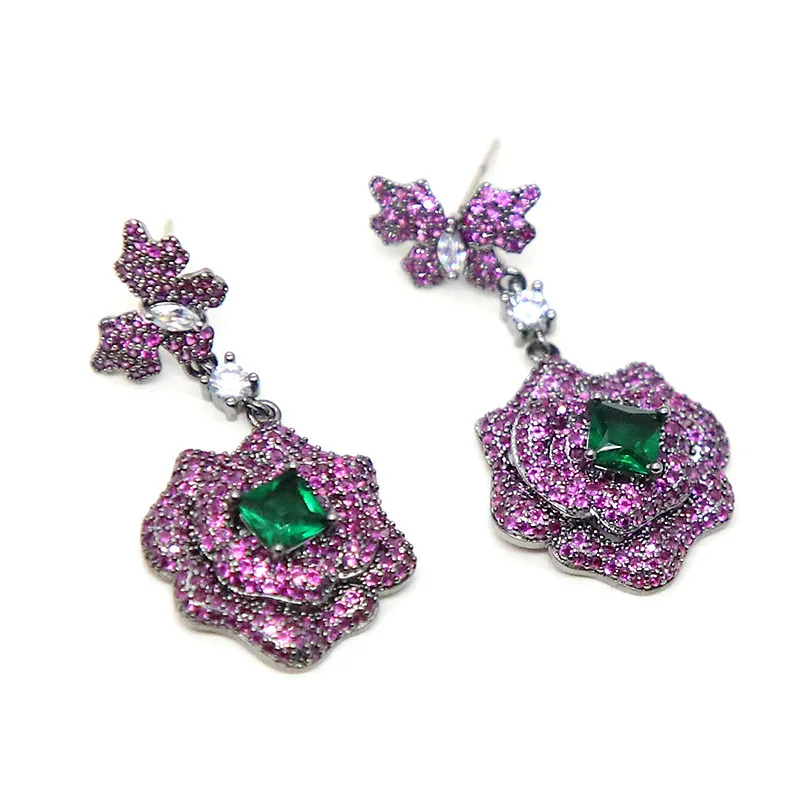 

Vintage deep rose red multi-layered flowers primitive earrings 210318-30