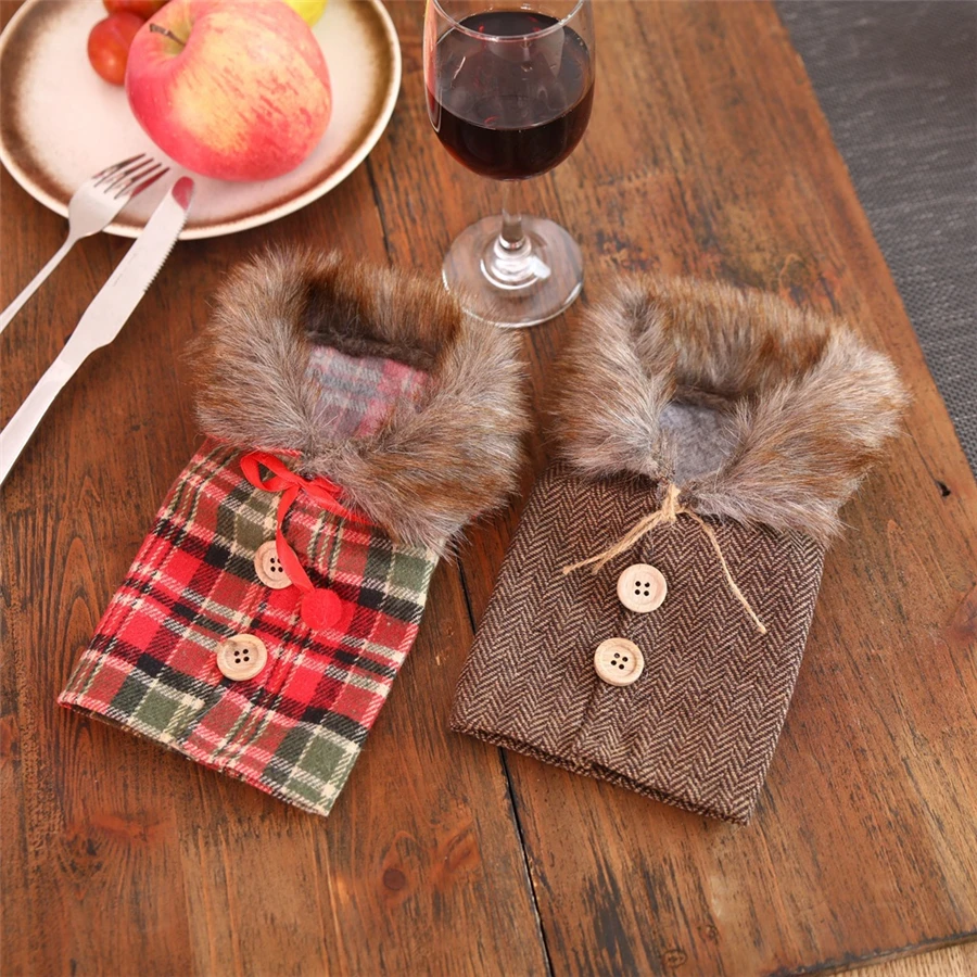 

10 pcs Christmas Wine Bottle Cover Party Ornament Mini Plaid Coat Sweater Wine Bottle Bags Xmas New Year Dinner Party Decoration