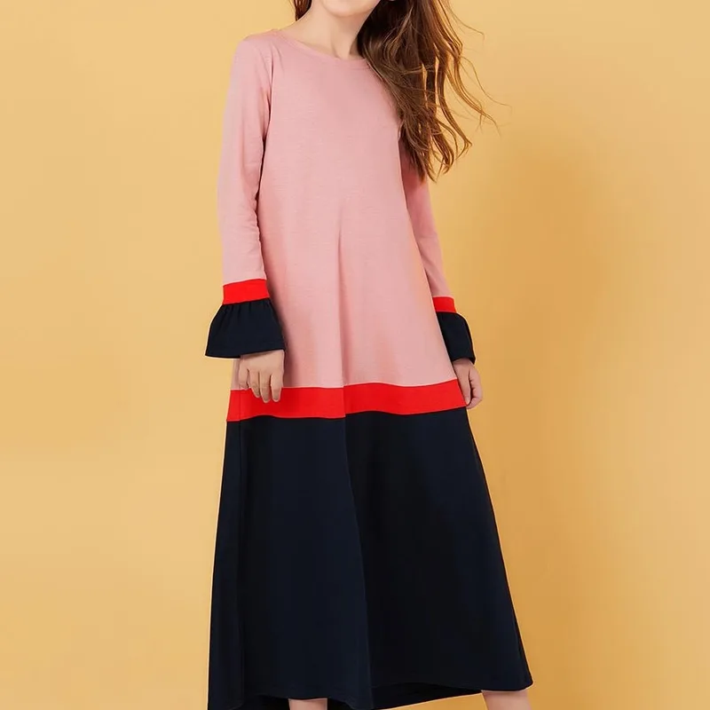 girl's Pink long sleeve round neck dress Muslim mom daughter dresses | Мать и ребенок