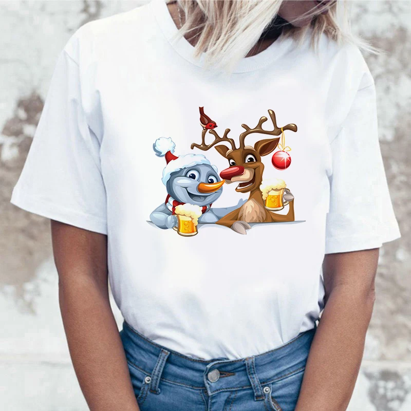 

Women Christmas white tshirt Suitable all seasons New cute reindeer tshirt Harajuku Short Sleeve Women Tee Tops Camisetas Mujer