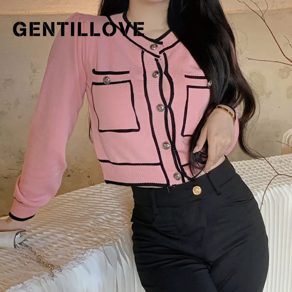 

Women Hit Color Patchwork Knitted Cardigan Autumn Long Sleeve O Neck Sweater Coat Casual Single Breasted Slim Jacket Cropped Top