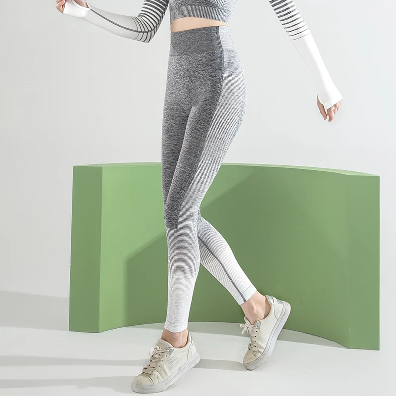

Yoga Suit Suit Female Stretch Striped Top Hips High Waist Sports Tights Seamless Leggings