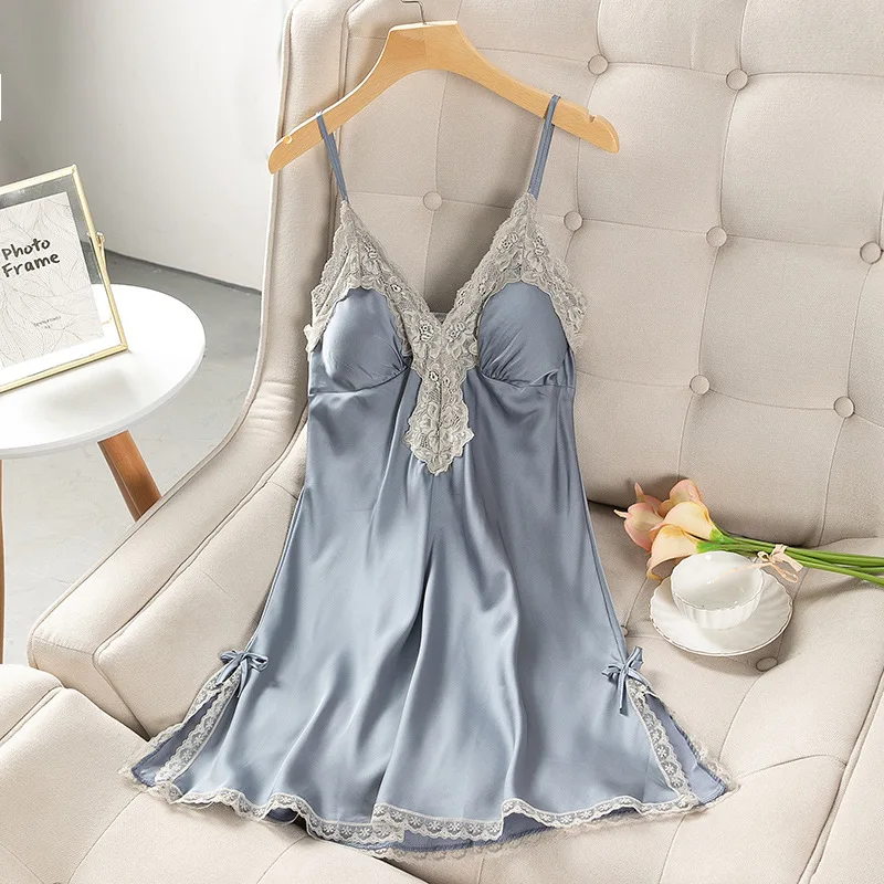 

Sexy V-Neck Sleeveless Nightgown Silky Summer Women Suspender Nightdress Satin Loose Kimono Gown Lace Trim Home Dressing Gown