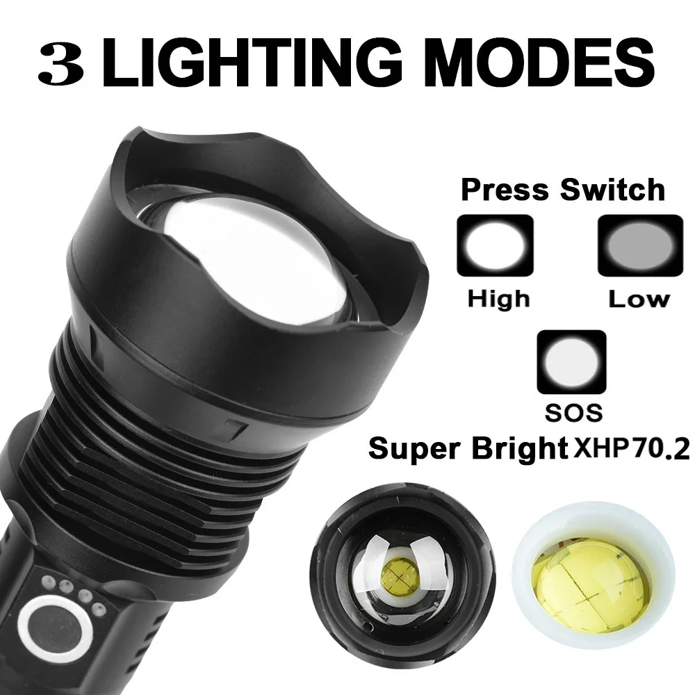 Сверхмощный мощный светодиодный фонарик XHP70.2 XHP50 с usb-зарядным зумом 18650 26650 батарея охотничья лампа фонари напоминание о мощности