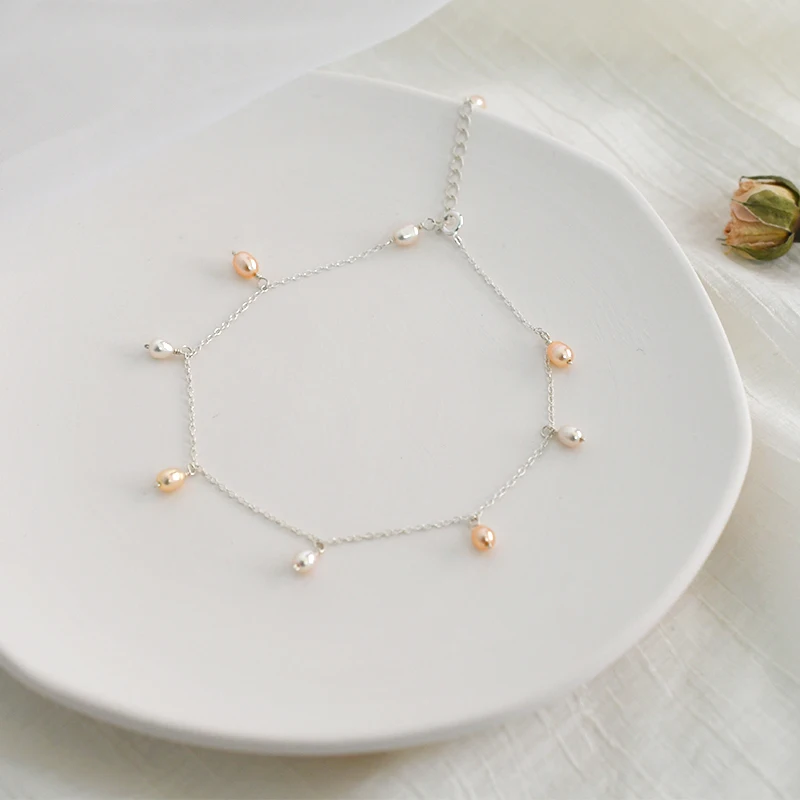 ASHIQI 925 стерлингового серебра натуральный пресноводный жемчужный браслет для ног