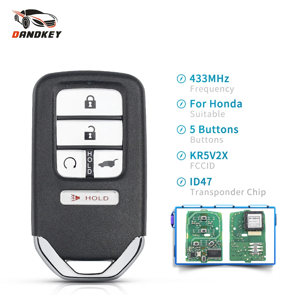 

Dandkey KR5V2X Smart Remote Control Key For Honda Piot CR-V Civic 2016 2017 2018 2019 433MHz ID47 Chip 5 Buttons Fob Replacement