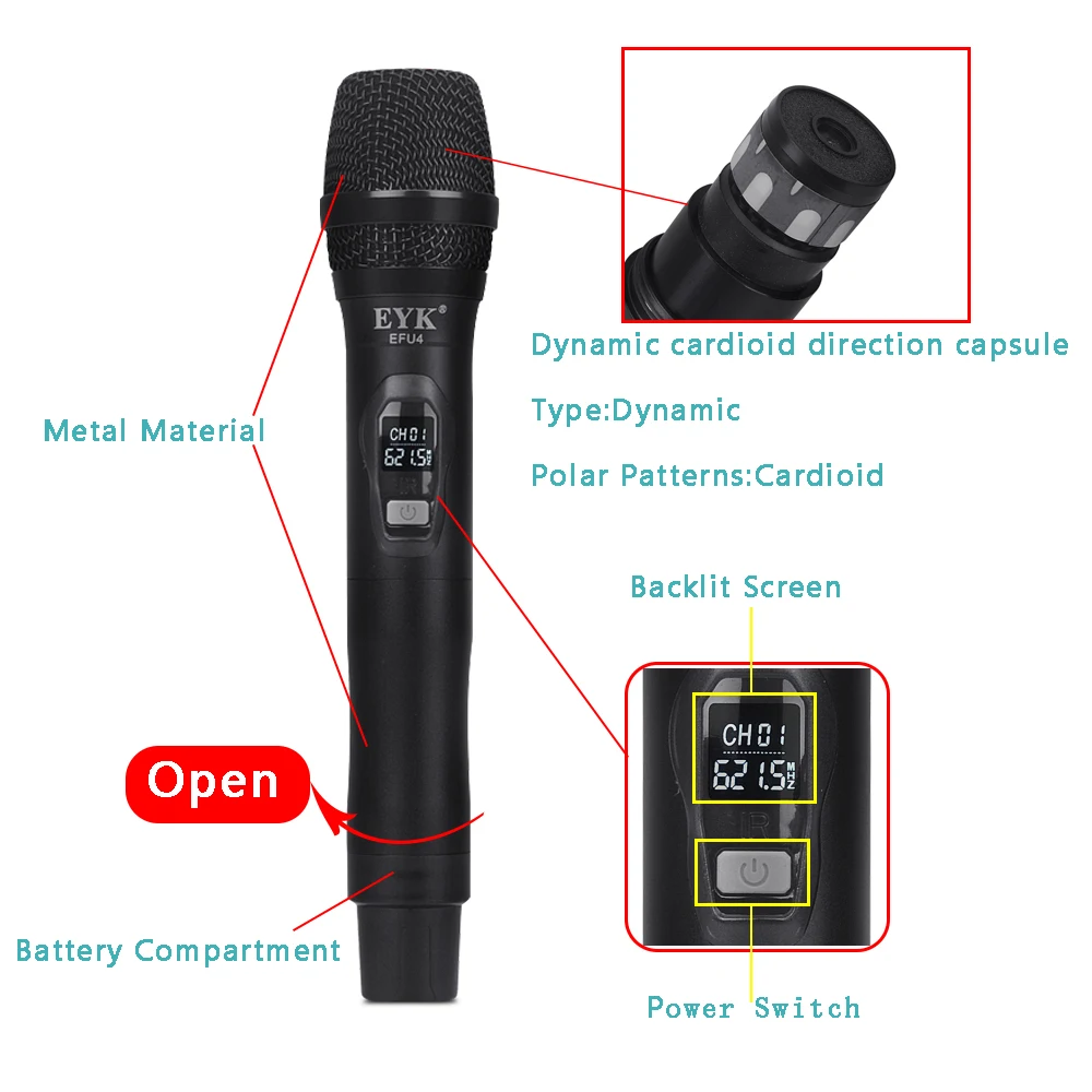 EYK EFU4 4 канала UHF Беспроводной микрофон Системы с 2 поясной и ручной для сцены
