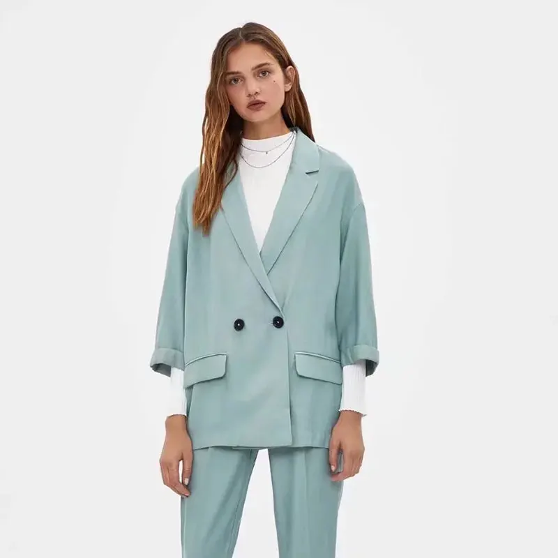 

Nlzgmsj Za Women 2021 Chic Office Lady Double Breasted Blazer Vintage Coat Notched Collar Long Sleeve Ladies Outerwear 202109