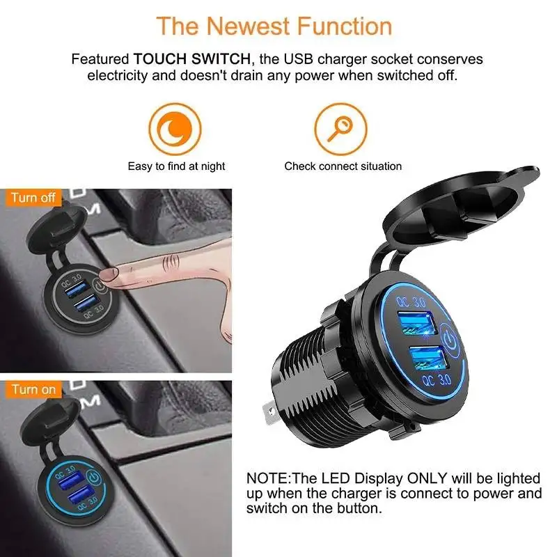 

12V/24V Chargeur De Voiture Pour Charger Double USB Voiture QC 3.0 LED Chargeur Rapide Interrupteur Tactile Pour Embarquée Moto