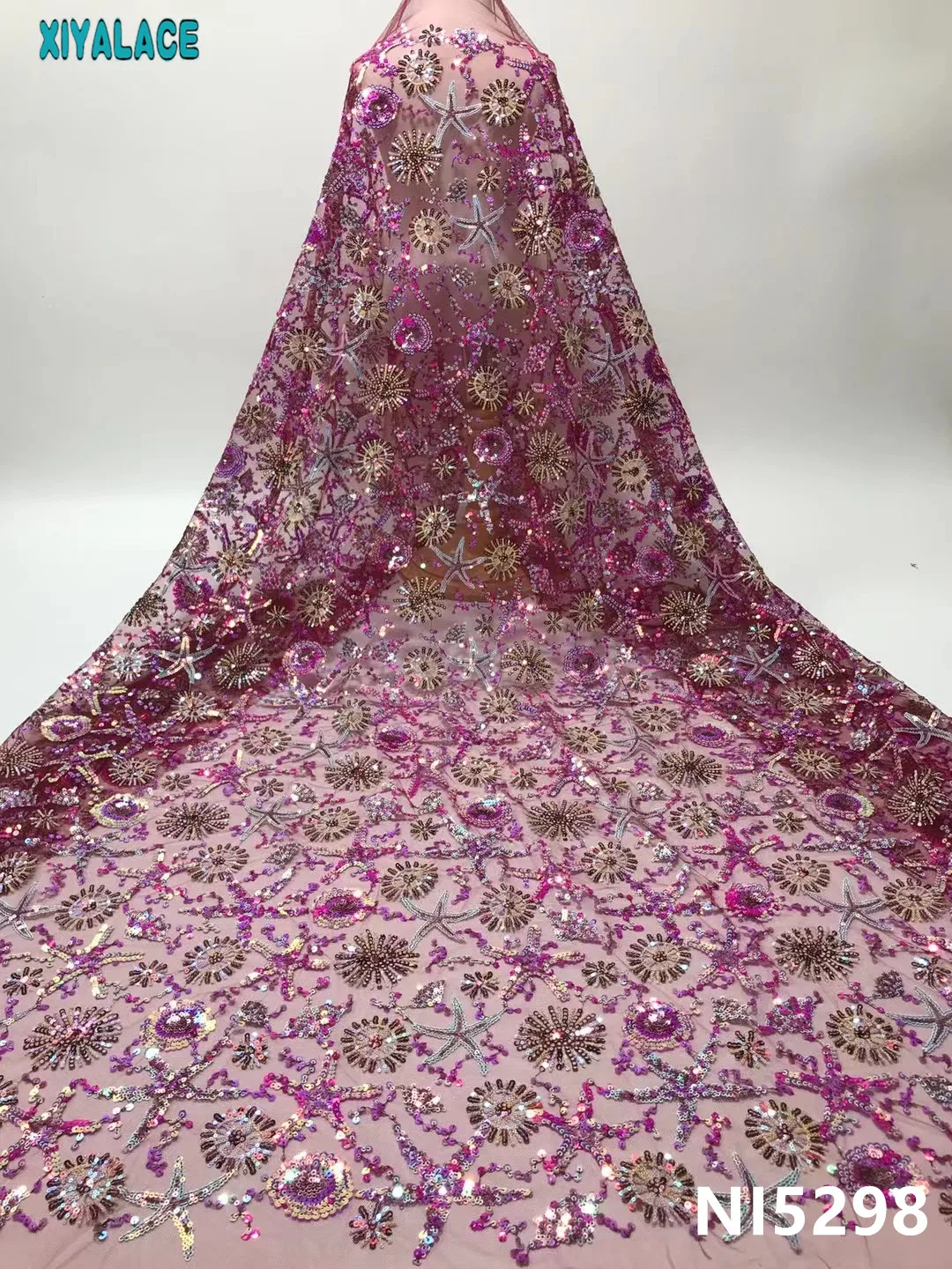 

Colorful Sequin African Lace Fabric 2021 High Quality Nigerian Net Lace Fabric with Sequence for Party Embroidery Dress KSNI5298