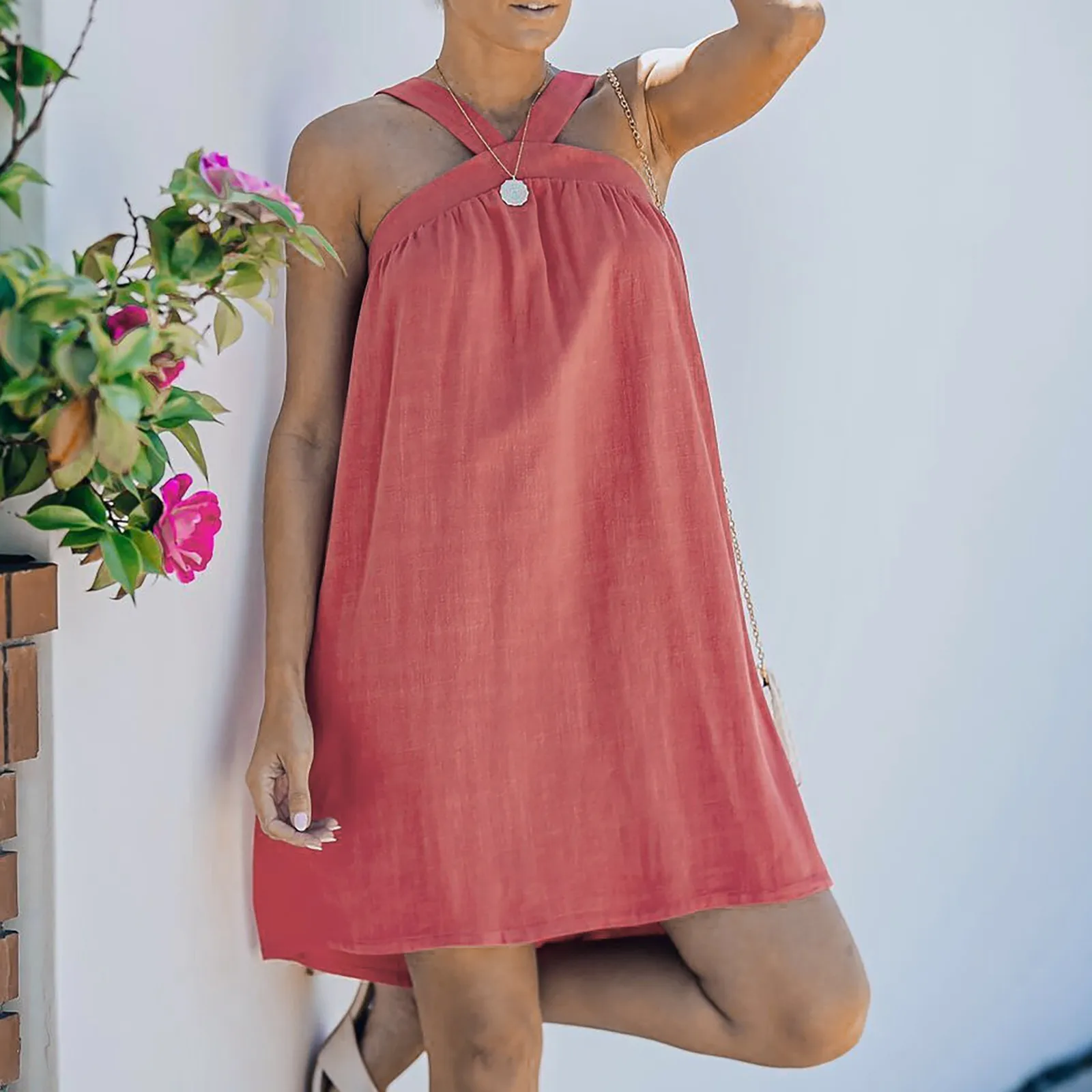 Платье 2021 модные красные мини платье на бретелях Женский однотонный свободный