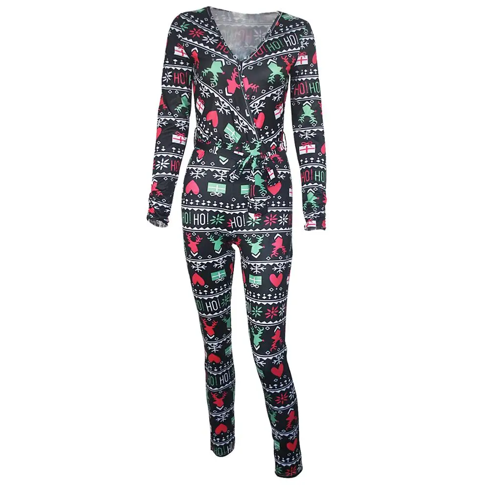 

2020 Christmas Women Jumpsuit Romper Bodycon Playsuit Xmas Deer Print Long Sleeve V Neck Autumn Homewear Sleepwear Pajamas