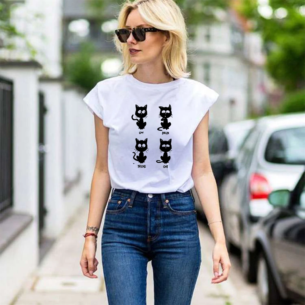 

Summer Harajuku Young Girls Style Tops Streetwear Humorous Cat Graphic T-shirts France Vogue Tee shirt Women Fashion Casual
