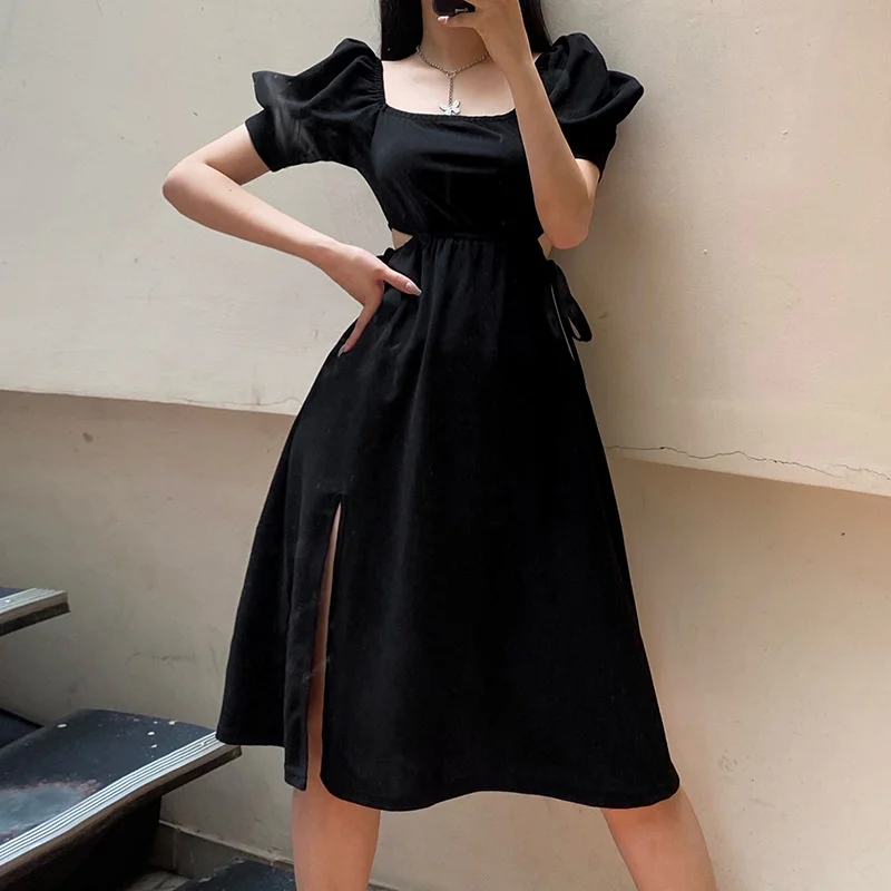 

2021 women's summer French square neck cut out lace up black open waist mid length skirt sexy care machine split dress