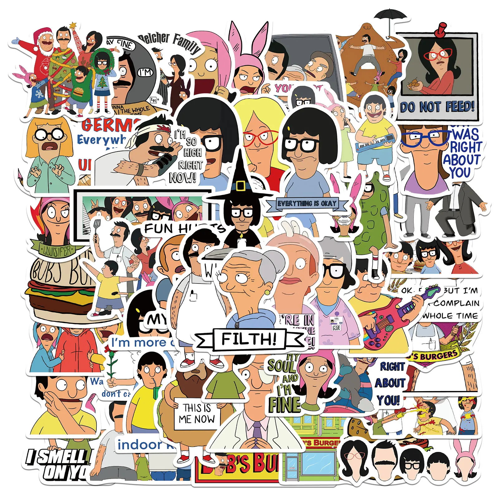 

10/50pcs Cartoon Bobs Burgers Funny Stickers Laptop Luggage Skateboard Water Bottle Decal Guitar Fridge Stickers for Children