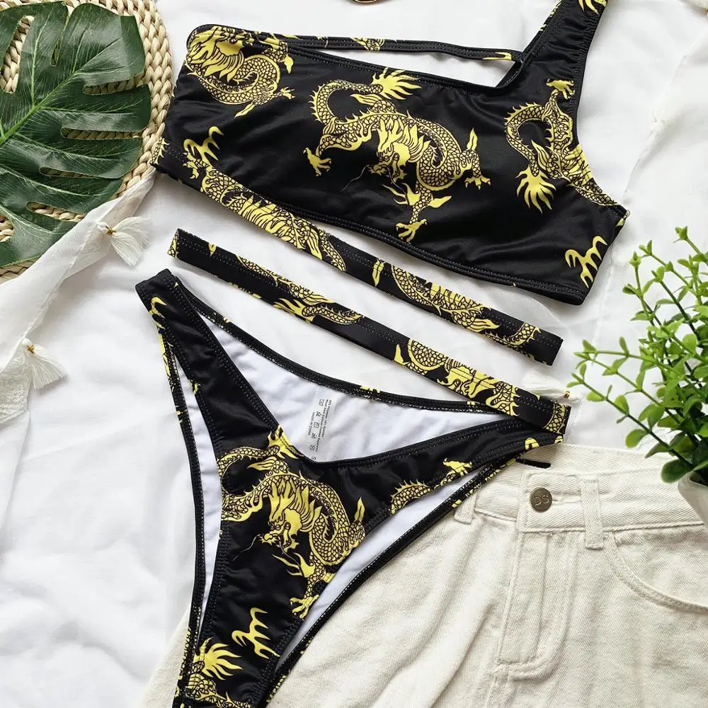 

Sexy High Waist Bikini Set Hollow Out Bandage Bikinis Vintage Gold Dragon Printed Swimsuit Women One Strap Swimwear 2020 CA6128
