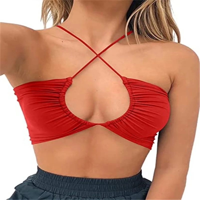 

Women Summer Sexy Halter Bandage Crop Top Cut Out Front Ruched Bralette Camisole Criss Cross Lace-Up Backless Bustier