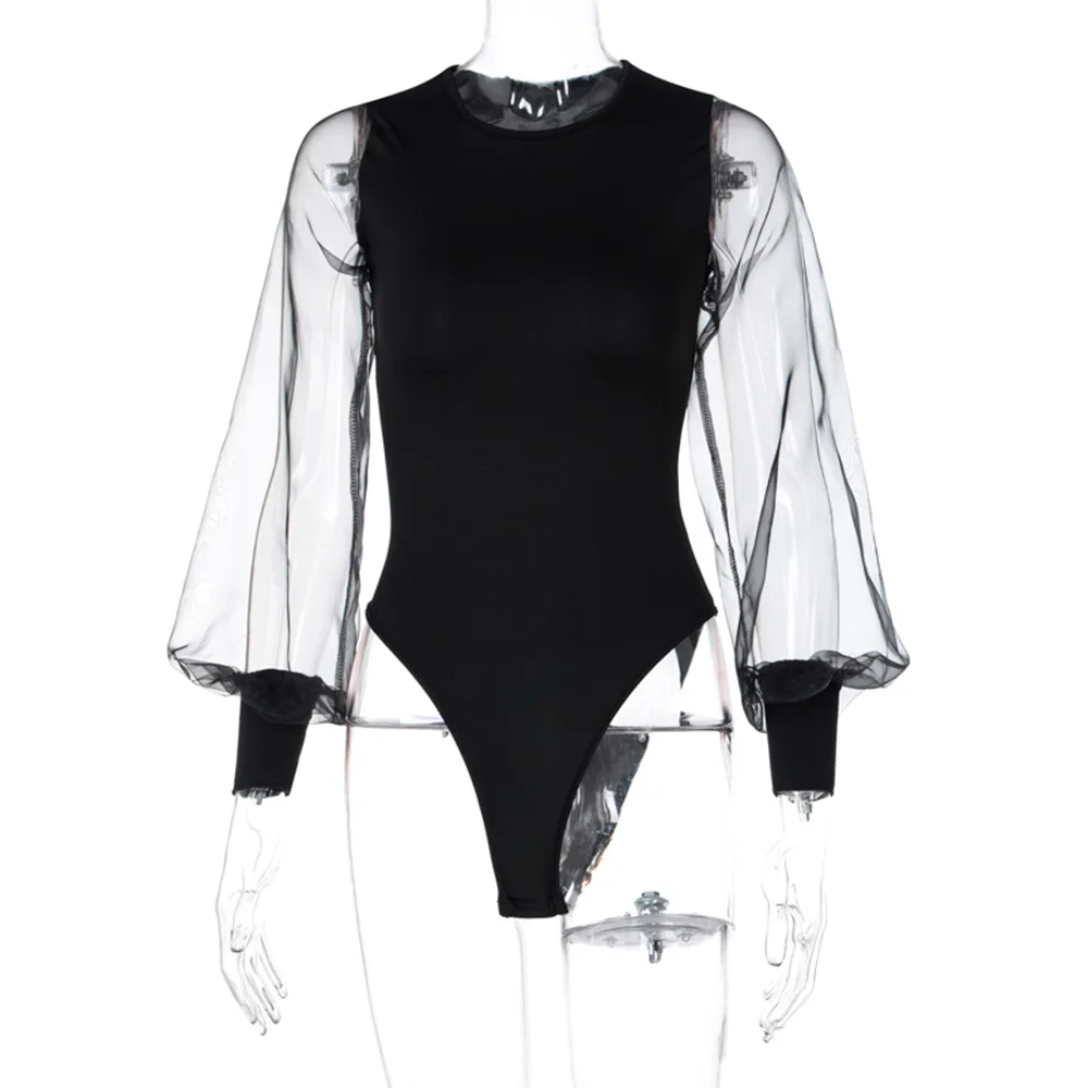 

#46 Fashion Patchwork Mesh Sleeve Jumpsuit O-Neck Black Overalls 2021 Spring Autumn Casual Women's Bodysuit