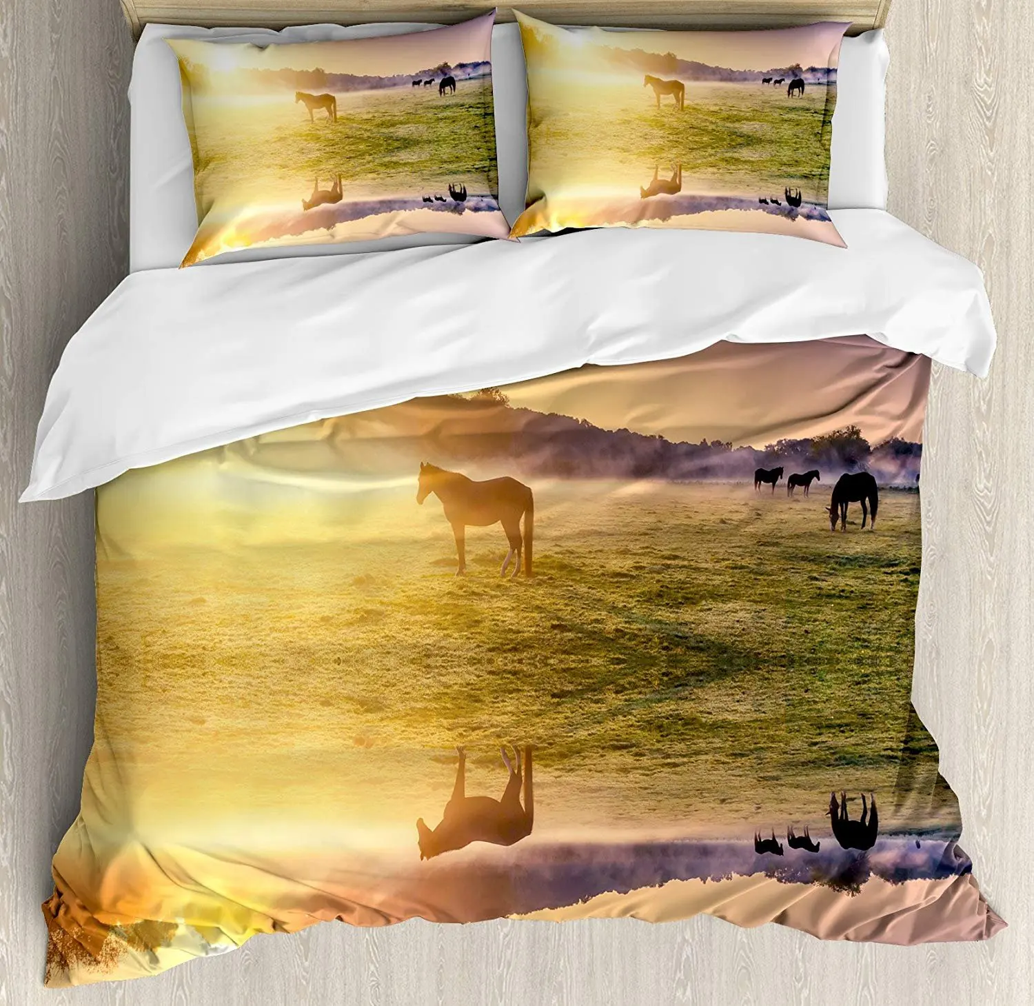 

Nature Bedding Set Horse Valley in South with a Lake Reflection and Sun Rising Above Mountains Print Duvet Cover Pillowcase