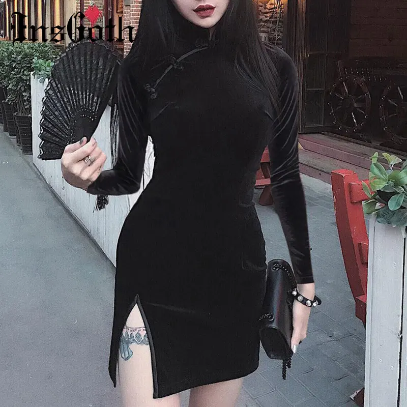 Женское облегающее мини-платье InsGoth Черное вечернее платье в китайском стиле
