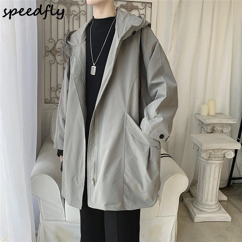 Ветровка мужская с капюшоном Свободная Повседневная Длинная Куртка в Корейском