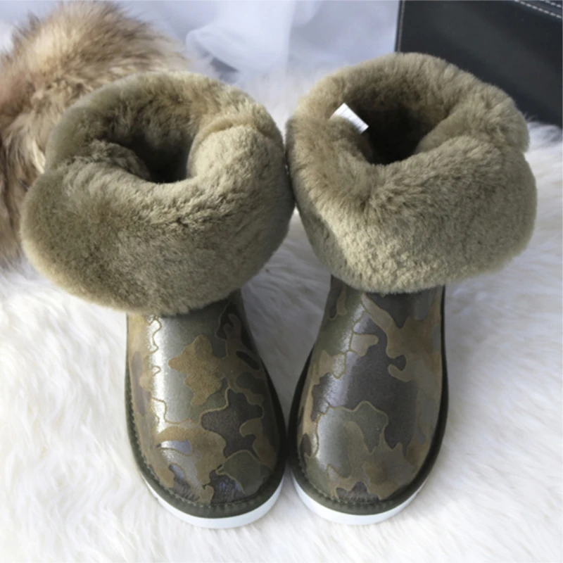 G& ZaCo/Роскошные зимние сапоги из овечьей кожи; Цвет зеленый, камуфляжный; Натуральная шерсть; зимние сапоги до середины голени на плоской подошве; женская теплая обувь на меху, украшенная кристаллами