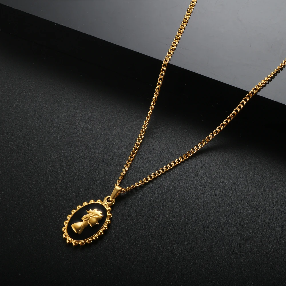 

ZMFashion Black Enamel Elizabeth Pendant Necklace Aesthetic Jewelry Vintage Charm Clavicle Sweater Chain Female Choker For Women