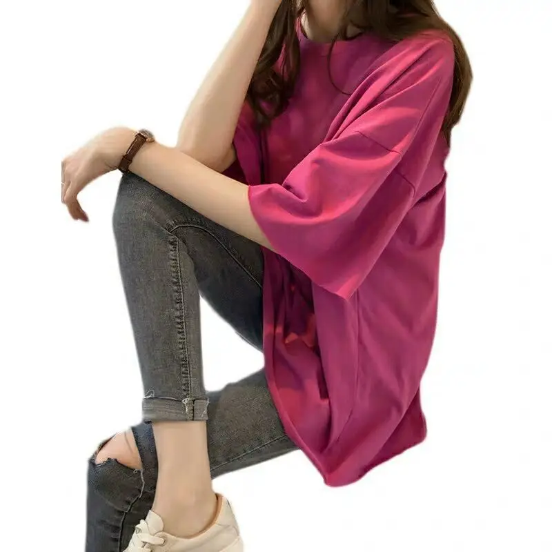 

2021 summer mid-length loose short-sleeved T-shirt women's round neck solid color bottoming shirt casual tops girlfriends
