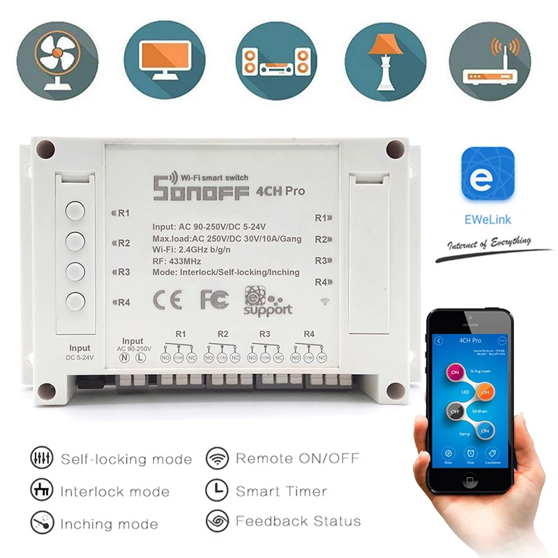 

SONOFF 4CH Pro R3 433Mhz RF Wireless Remote Control 4 Channel Gang Wifi Relay Inching Interlock Smart Switch Works With Alexa