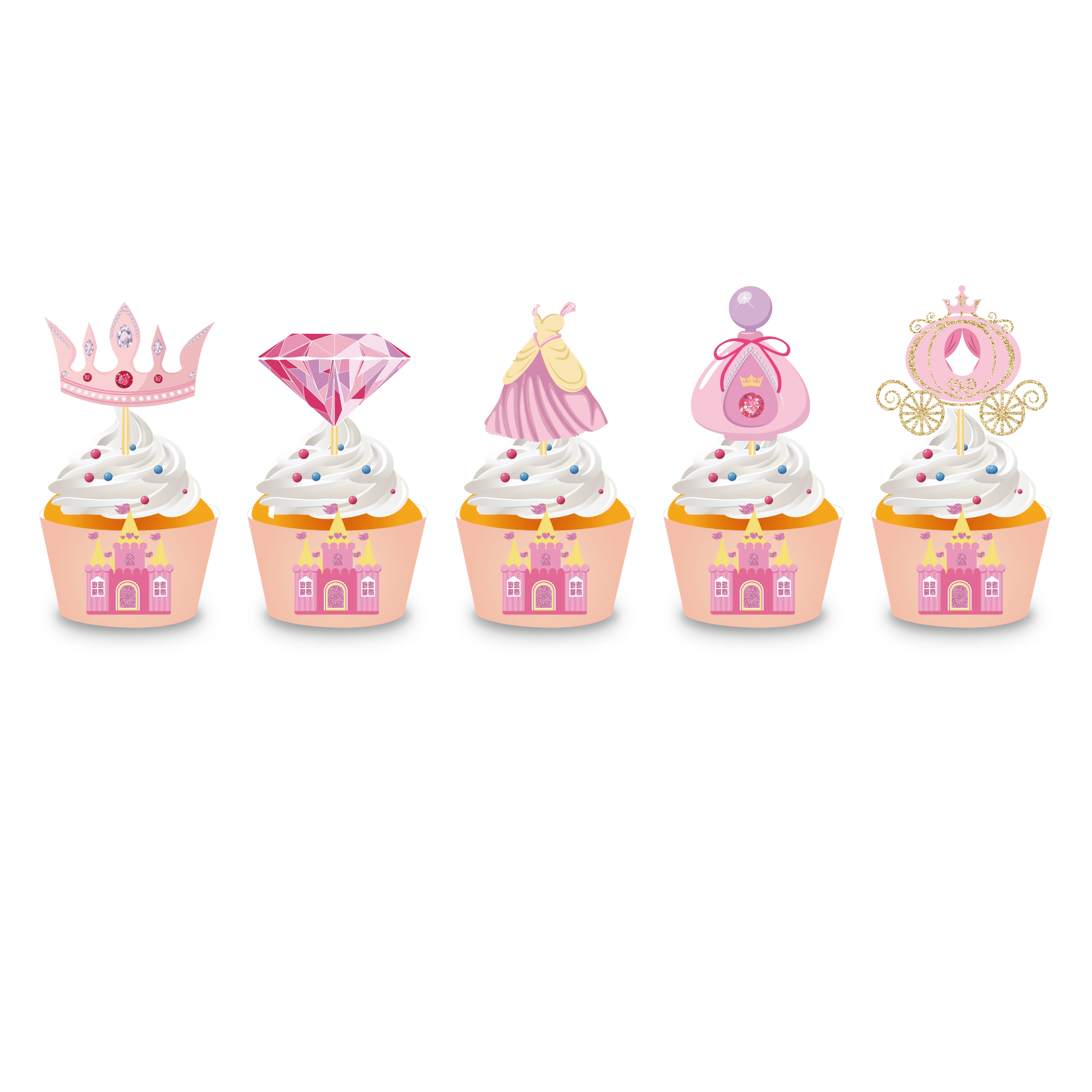 

Pink Sweet Cartoon Princess Castle Birthday Cake Cup Wrapper and Toppers Cupcake Decorating for Kids Baby Shower Birthday Party