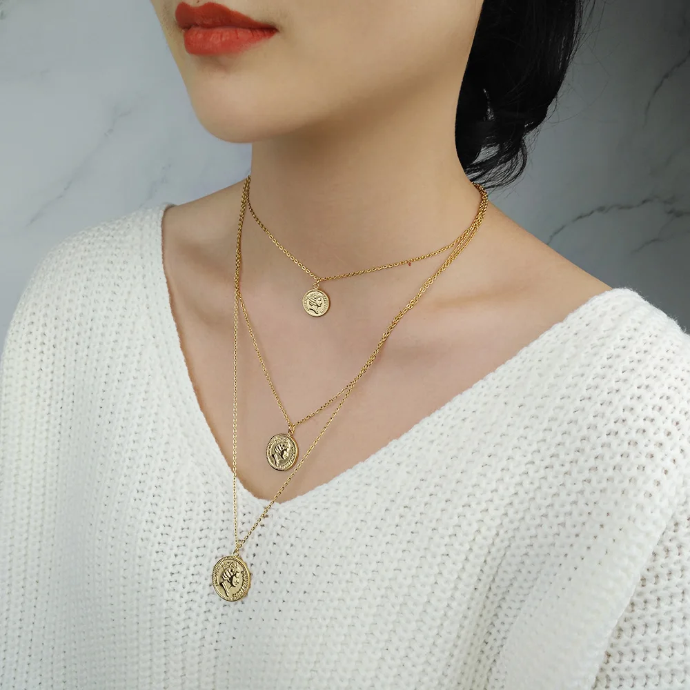 

FINE4U N239 Gold Color Round Elizabeth Coins Pendants Necklace Multi-layer Stainless Steel Choker Necklaces