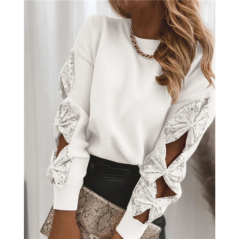 Женская ажурная блузка с длинным рукавом и круглым вырезом винтажная Свободная