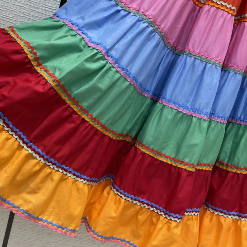 

Spring And Summer 2021100% Cotton Women's Skirts Multi-Color Rainbow Striped Lace Hem Elegant And Versatile Mid-Length Skirt