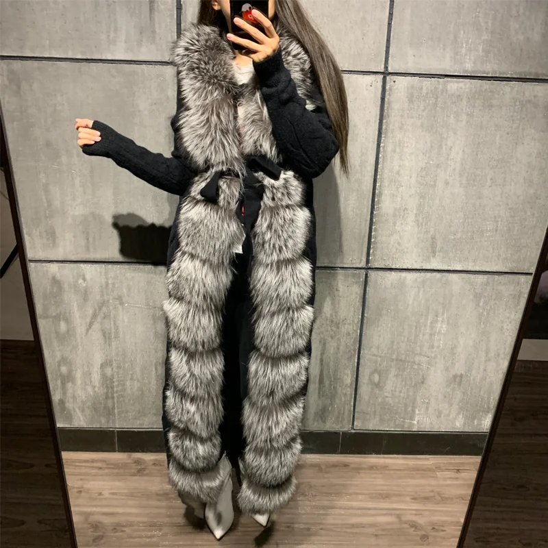 

SHZQ Ladies Natural Fur Cardigan Women Real Fox Fur Sweater X-long Sweater with Big Fur Collar
