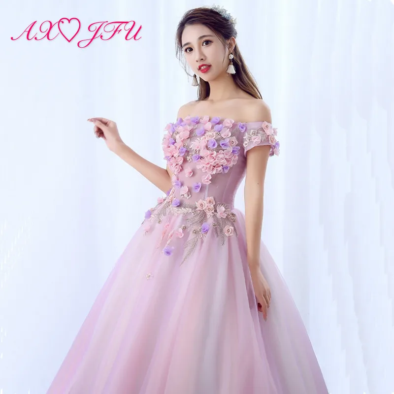 

AXJFU luxury princess pink lace bride evening dress vintage boat neck beading flower host ball gown pink evening dress