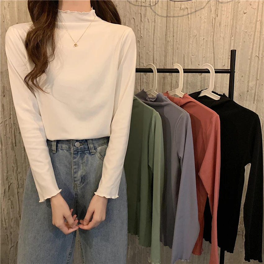 

Spring White Long Sleeve T-shirt 2021new Slim Fit Slimming Inner Student Half Turtleneck Bottoming Shirt Top for Women