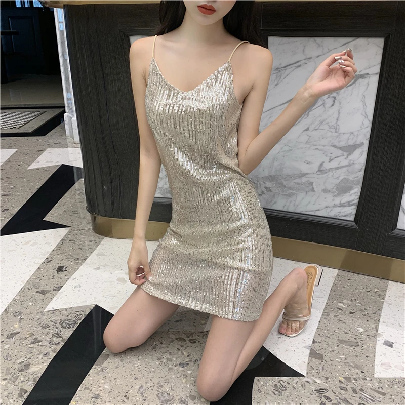 silver dress MUMUZI, лето, новинка, расшитые блестками топы-спагетти, шикарные блестки, бамбук, хлопок, черная футболка, женская, без рукавов, для ночного клуба, укороченный топ - Цвет: silver dress