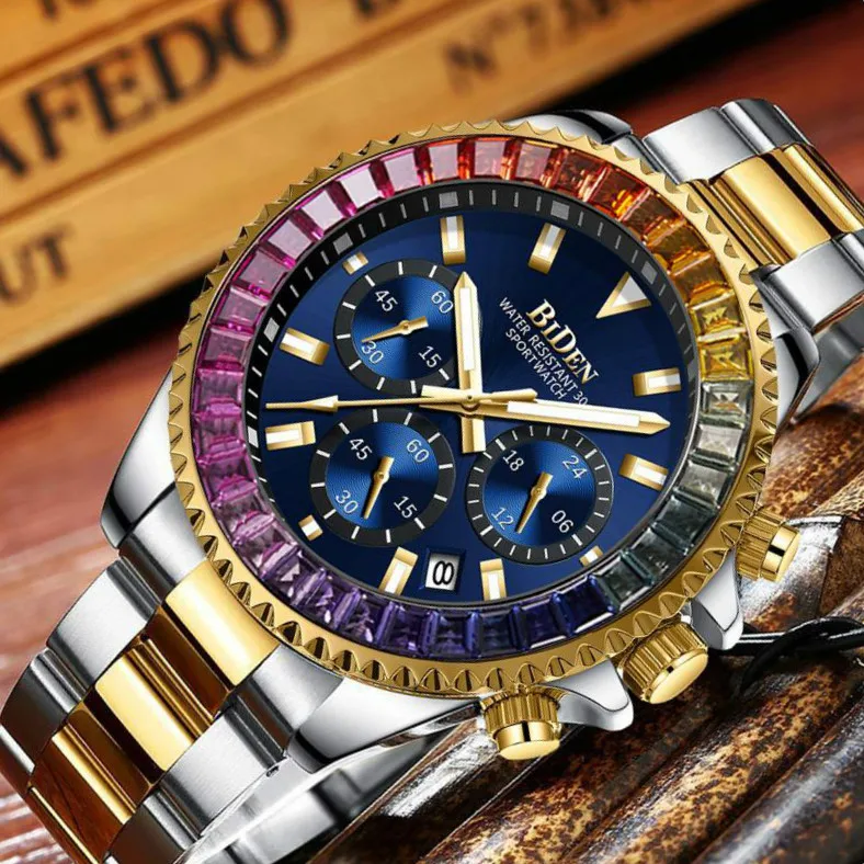 

Top Brand Men Golden Watches Unique Rhinestone Design Chronograph Mens Quartz Wristwatch Gold Dress Watch for Male Gift relogio