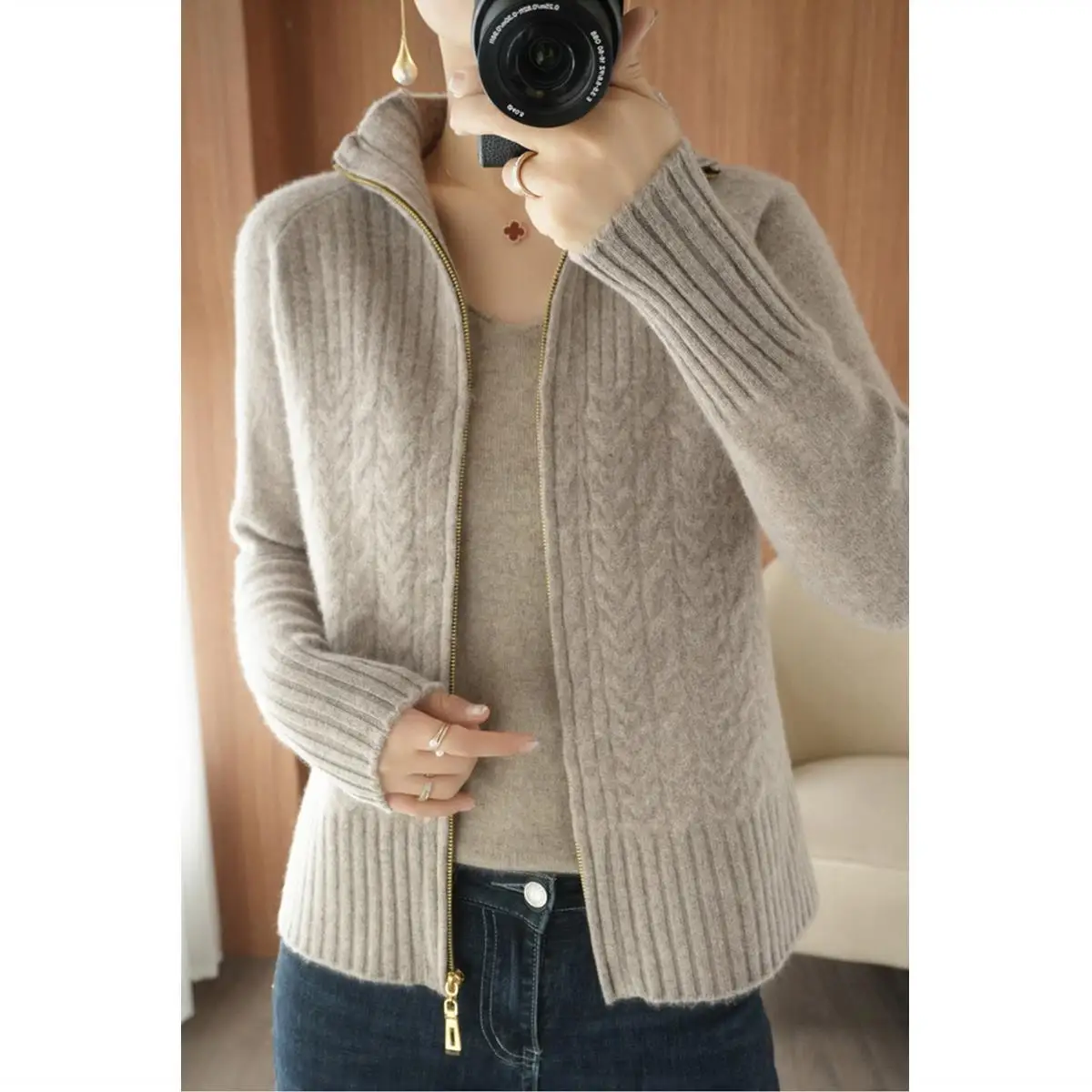 

2021 spring new knitted sweater cardigan women's stand up high collar loose twist pattern thin sweater coat
