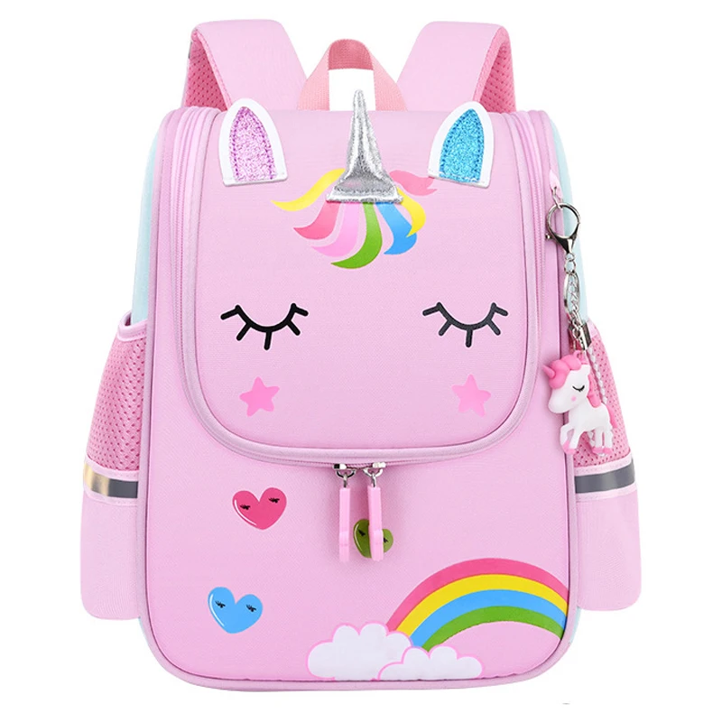 

Школьные ранцы для девочек, нейлоновый рюкзак розового цвета с принтом единорога для учеников детского сада, милые водонепроницаемые детск...